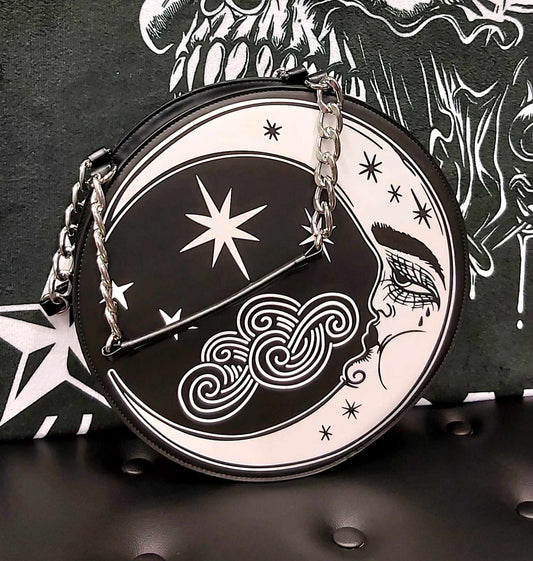Crescent moon and stars round purse