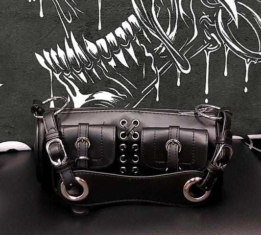 Black leather barrel bag