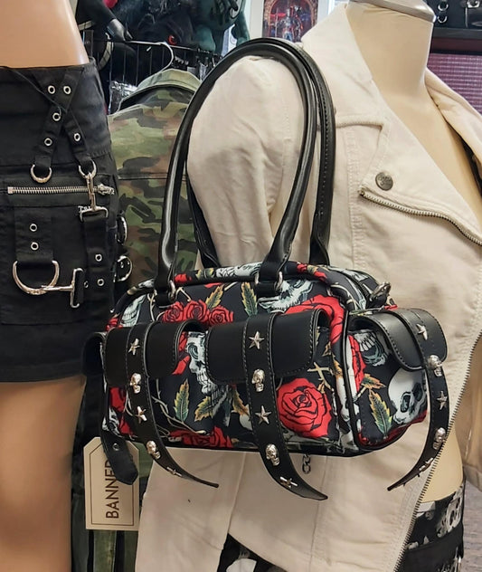 Skull and roses barrel handbag