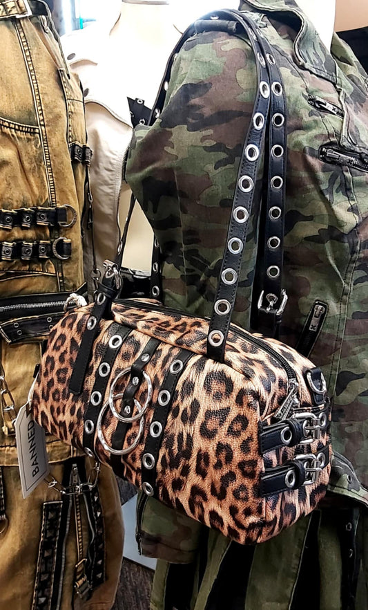 Leopard print barrel shaped handbag
